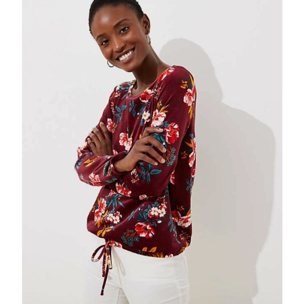 Loft Women's Burgundy Floral Velour Drawstring Hem Long Sleeve Top Small